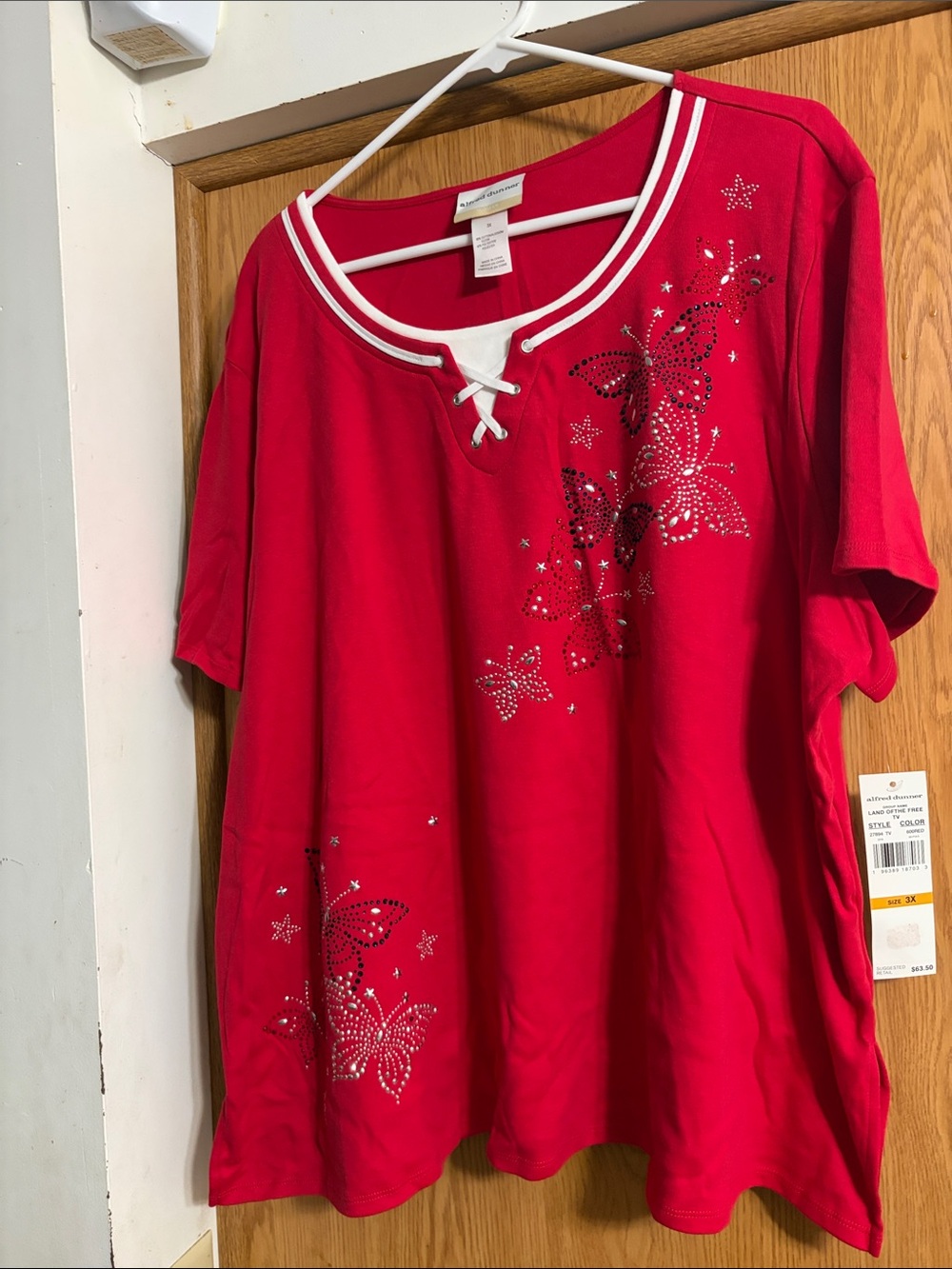 Alfred Dunner Red Short-Sleeve Lace-Up Tee with Butterfly Rhinestone Detail
